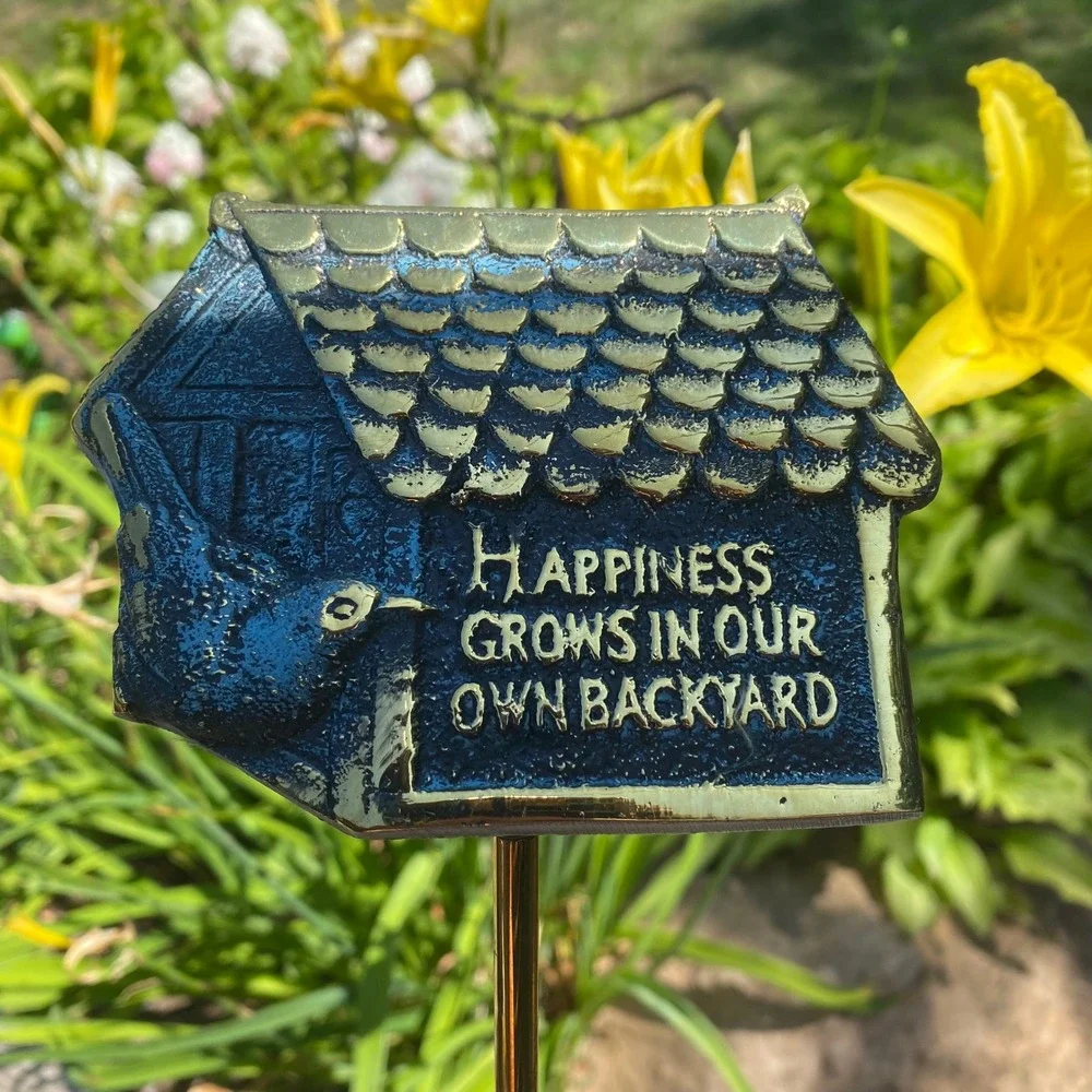 Brass Garden Stake Birdhouse Happiness Grows In Our Backyard Gold New Sign